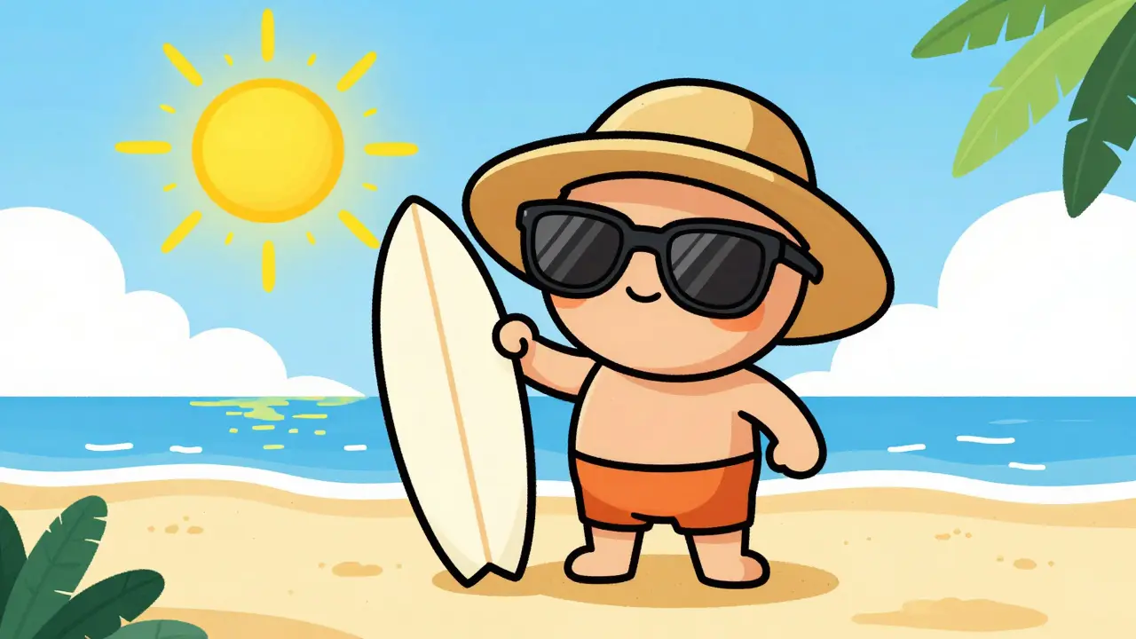 A surfer on a sunny beach wearing a wide-brimmed hat and wrap-around sunglasses for UV protection.