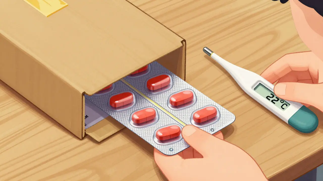 Close-up of red rectangular tablets in a blister pack with a thermometer