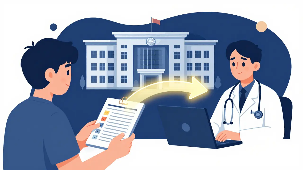 Conceptual illustration of a patient reporting symptoms to a doctor for regulatory safety.