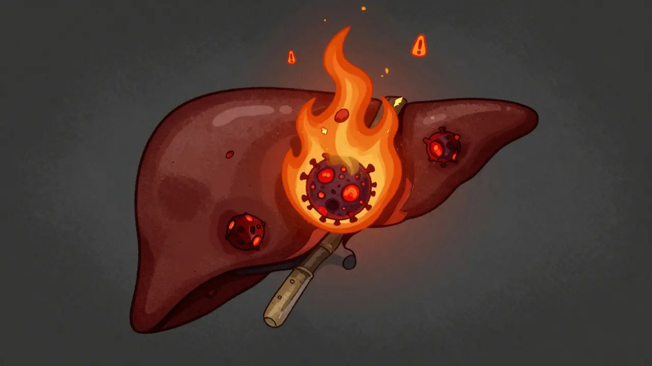 Conceptual illustration of a scarred liver with glowing red embers symbolizing residual cancer risk.