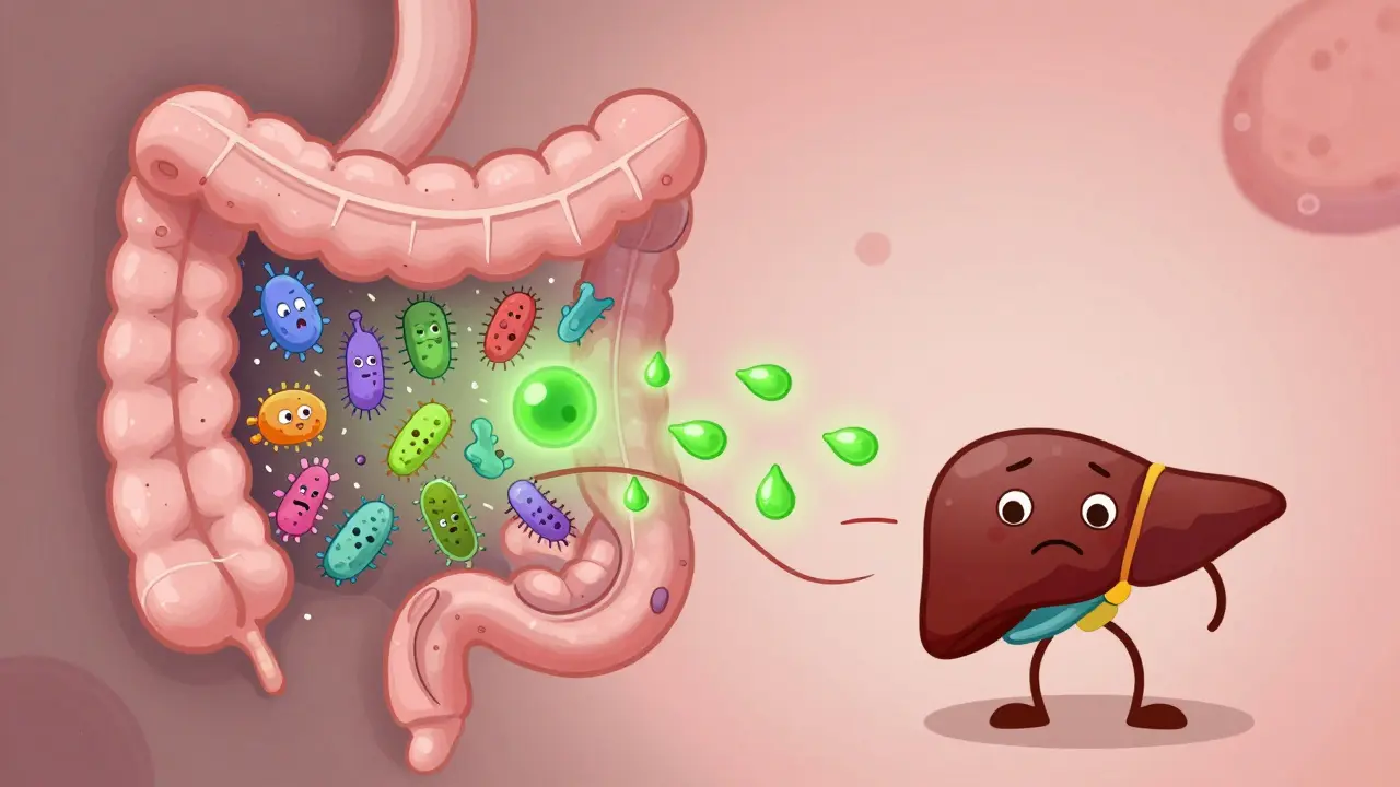 Digital drawing of toxins leaking from a damaged gut barrier toward the liver.