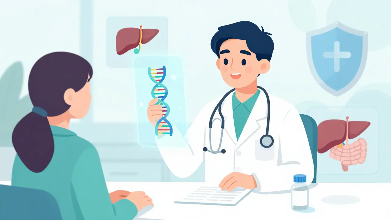 Illustration of a doctor discussing genetic testing and probiotics for liver protection.