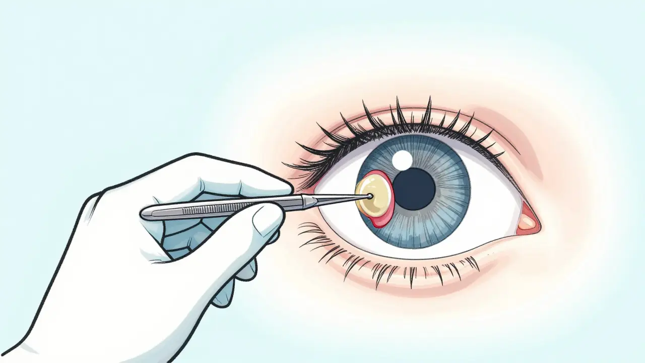 Illustration of a surgical autograft procedure patching the eye to prevent pterygium regrowth.