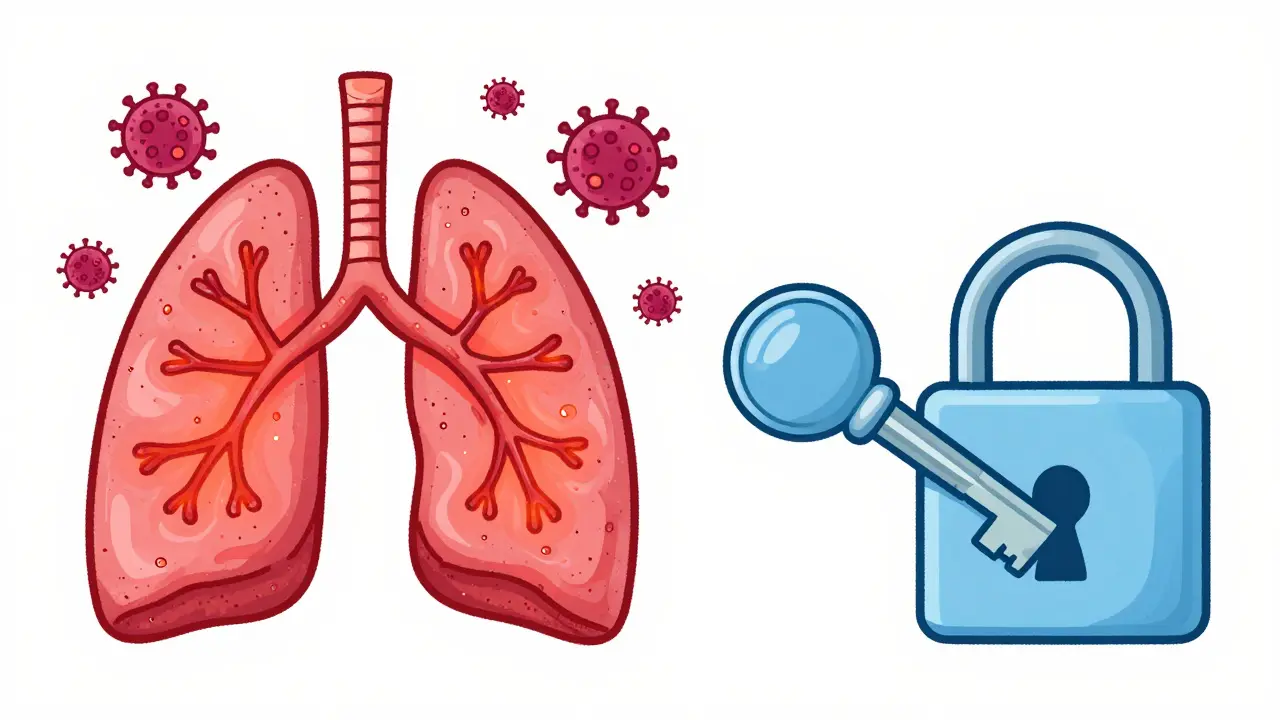 Illustration of inflamed bronchial tubes and an ineffective antibiotic pill