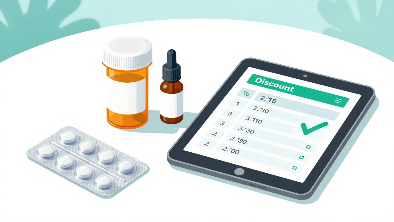 Illustration of various medication forms including tablets and liquid bottles.