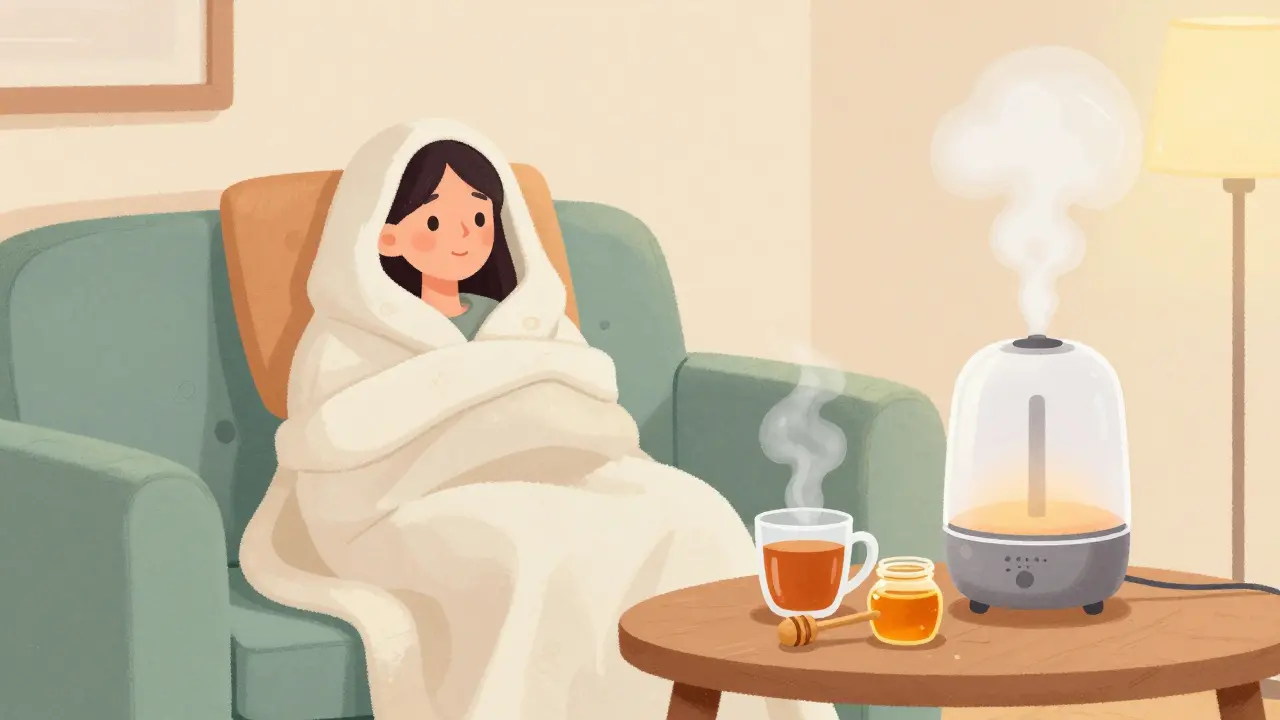 Person resting on a sofa with a humidifier, tea, and honey for recovery