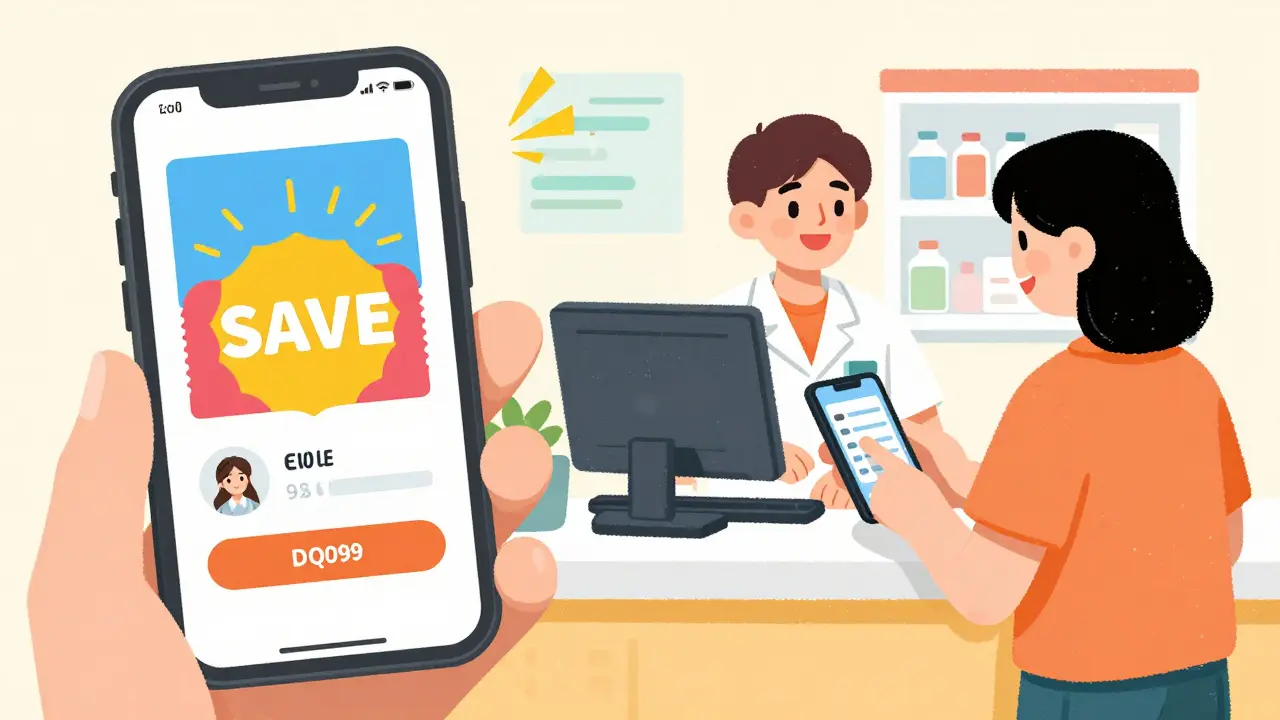 Person using a discount coupon app at a pharmacy counter