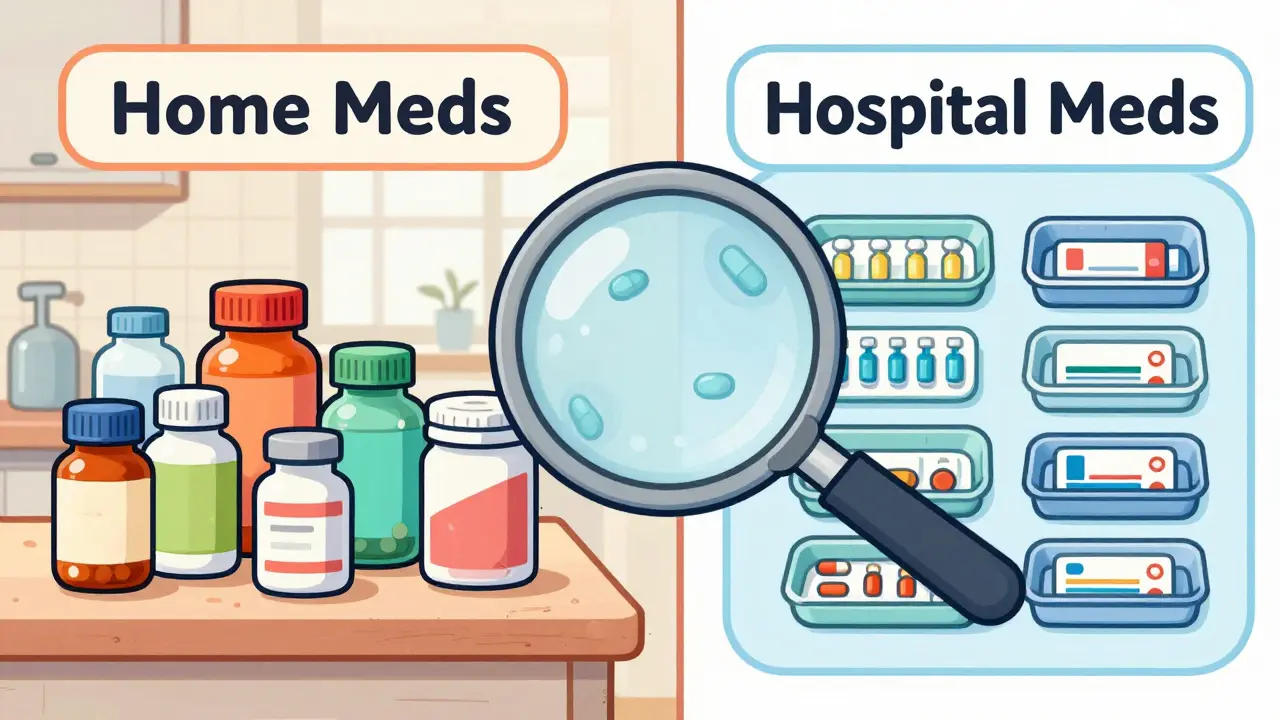 Split illustration comparing home medications with hospital medications.