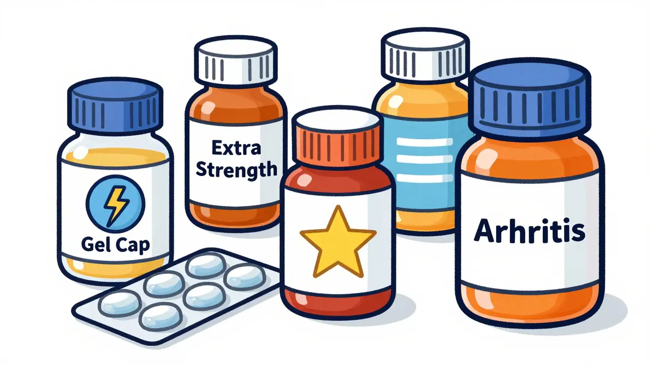 Various types of pain relief bottles including gel caps and easy-open arthritis caps.