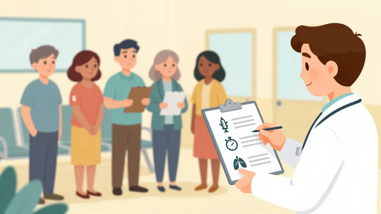 Cartoon of patients undergoing TB screening tests and symptom checks at a medical clinic.