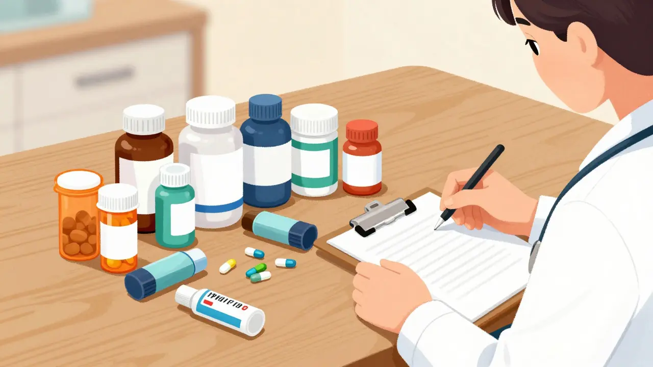 Doctor reviewing various pill bottles and supplements on table