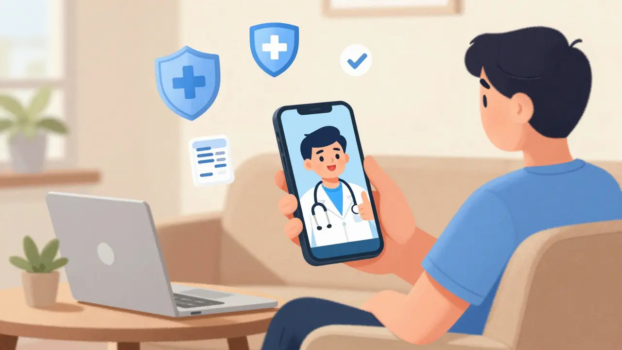 Hand-drawn scene of a patient consulting a doctor via smartphone for safe online prescriptions.