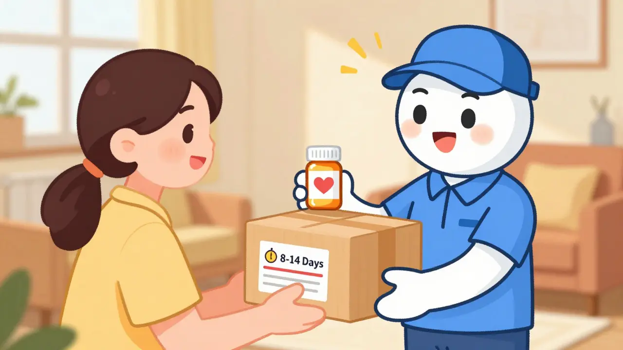 Happy cartoon patient receiving affordable medication package