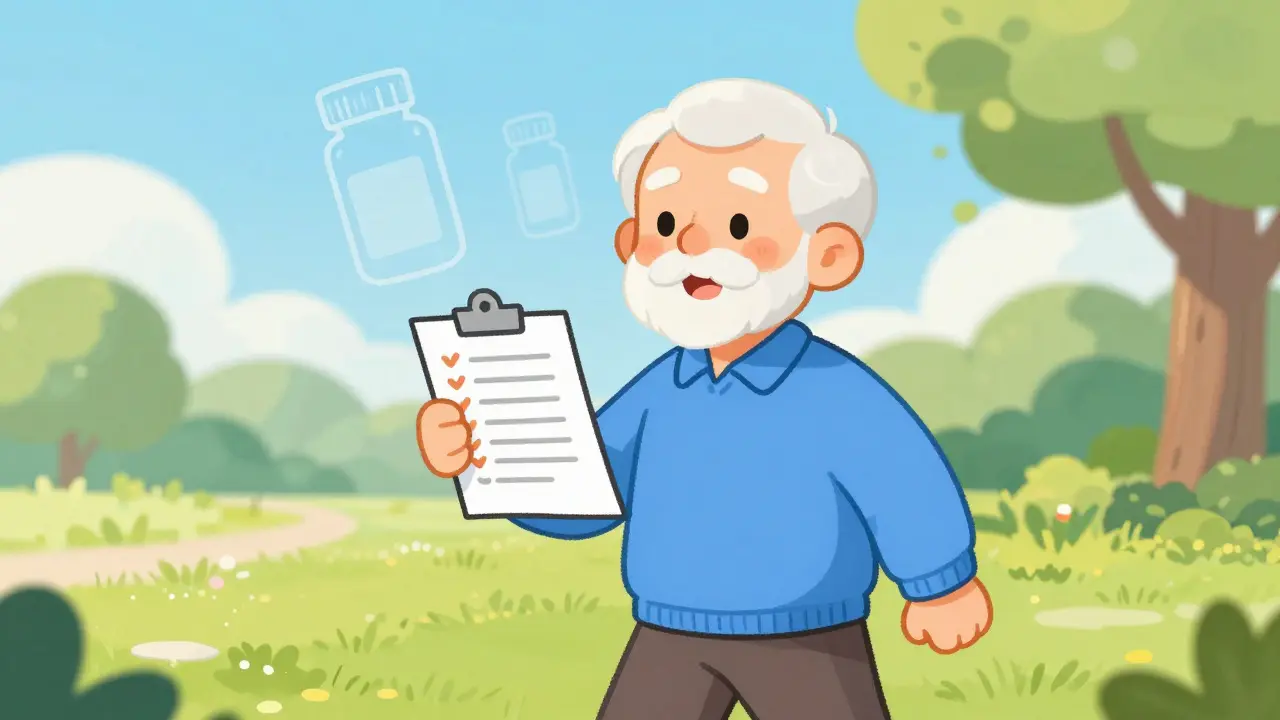 Happy senior walking outside with updated medication list