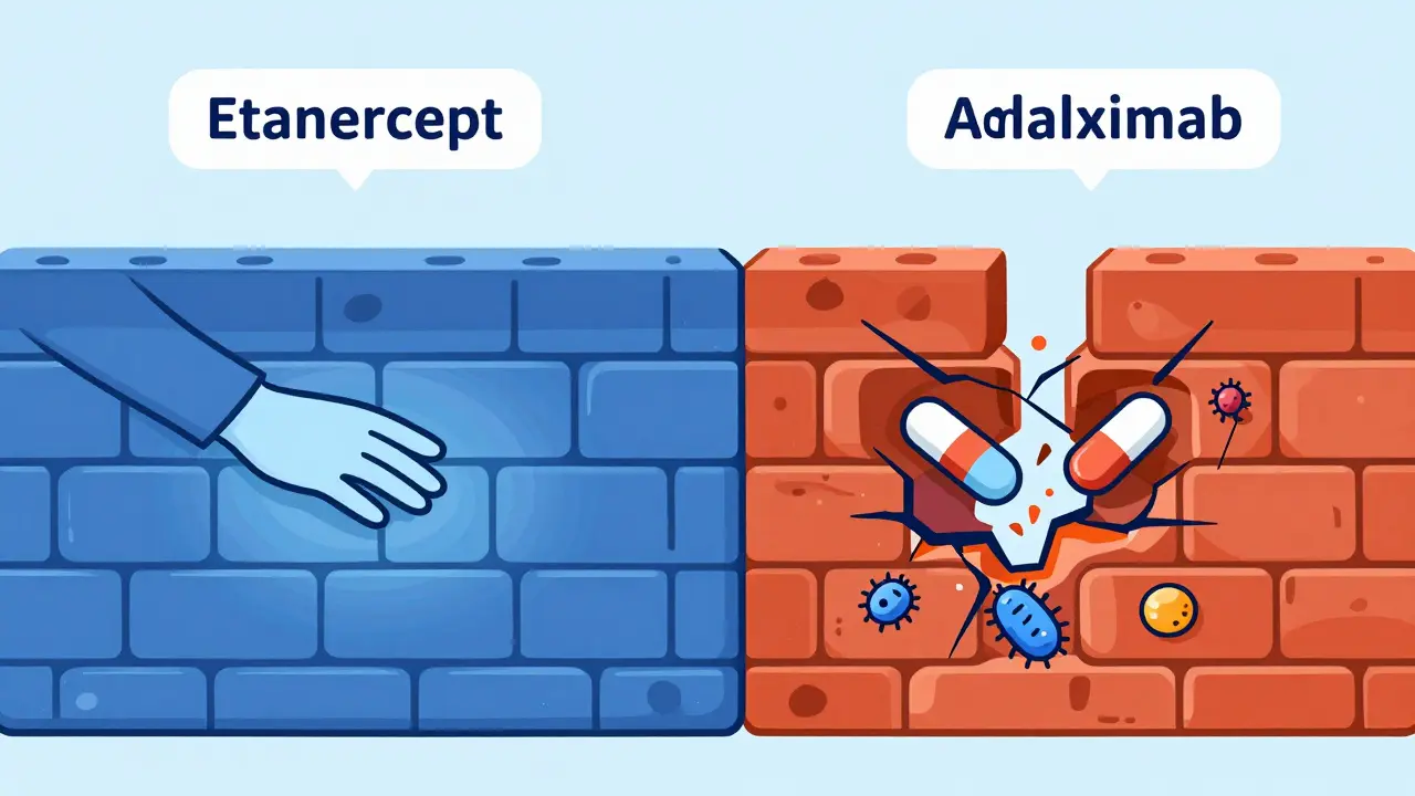 Illustration comparing low-risk Etanercept preserving cell walls versus high-risk drugs causing cracks.