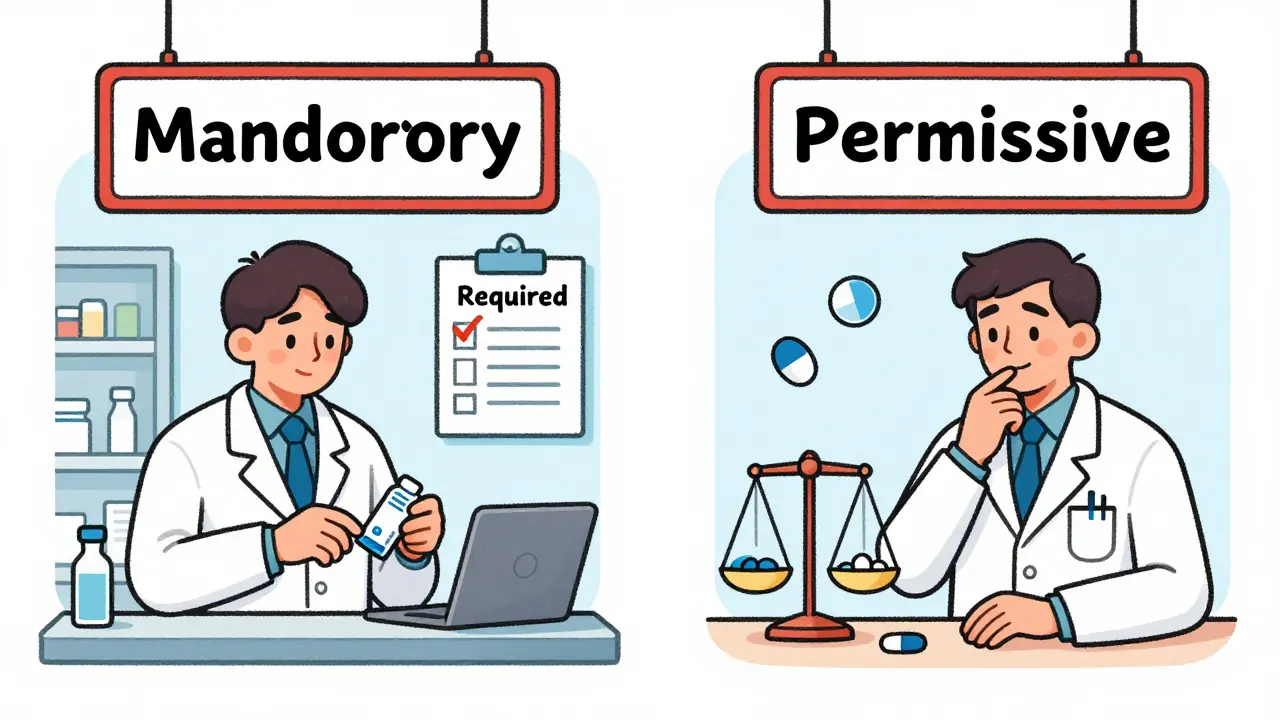 Illustration comparing mandatory vs permissive drug substitution laws