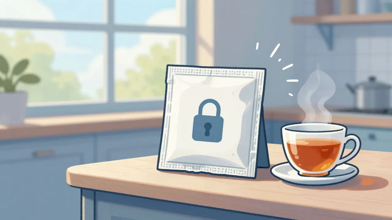Illustration of a secure medication delivery package on a counter symbolizing peace of mind.