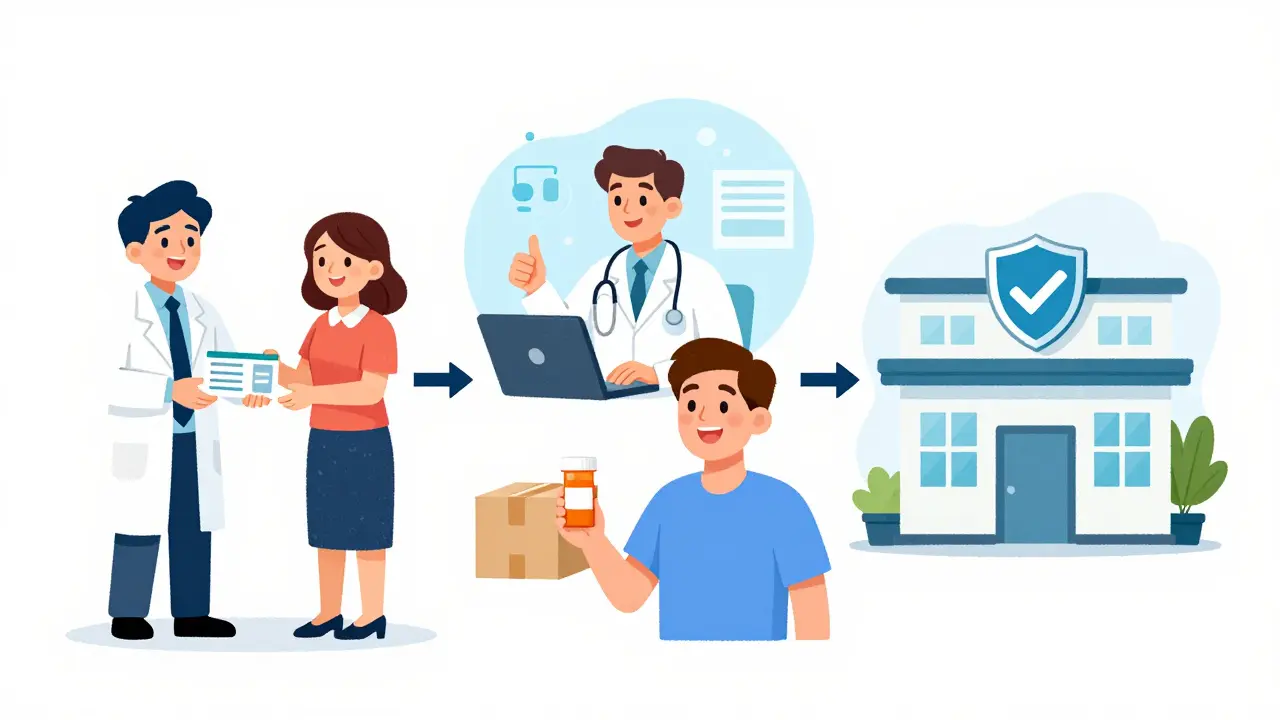 Illustration of discount cards, telehealth, and safe pharmacies