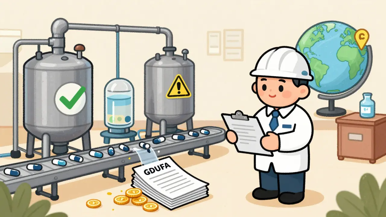 Inspector checking pharmaceutical factory for quality control