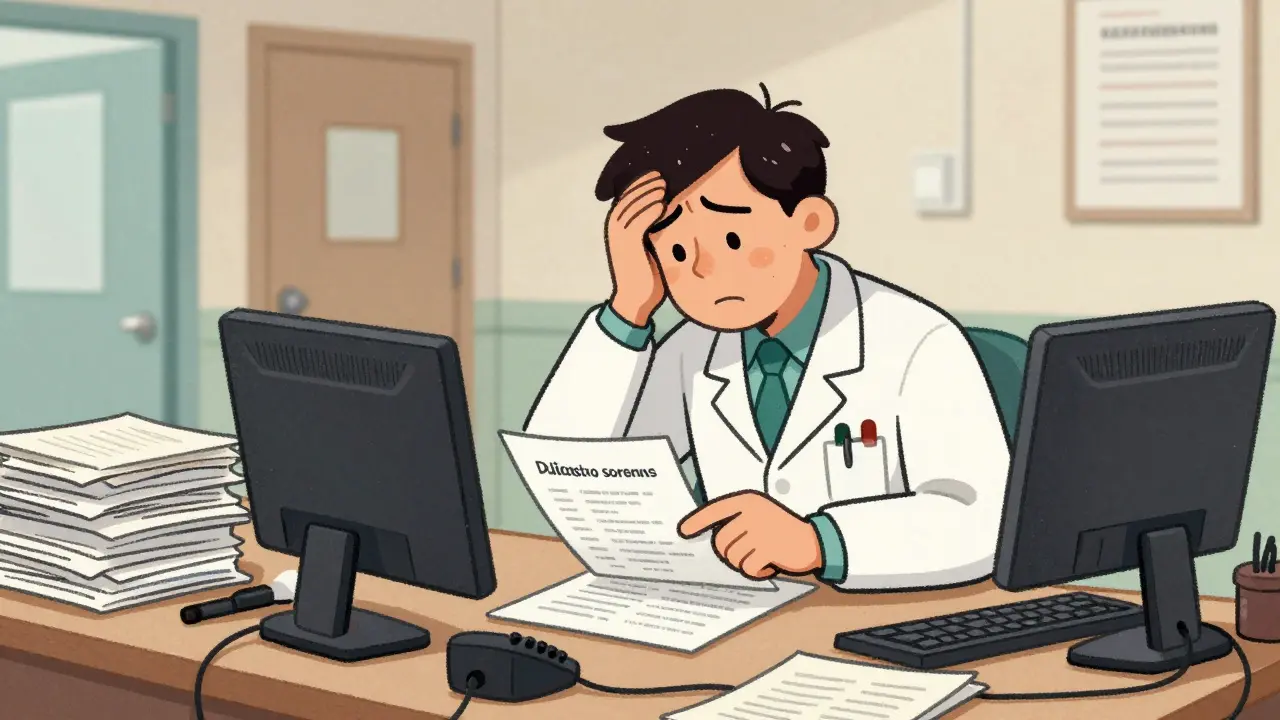 Overwhelmed pharmacist managing drug shortage paperwork and calls