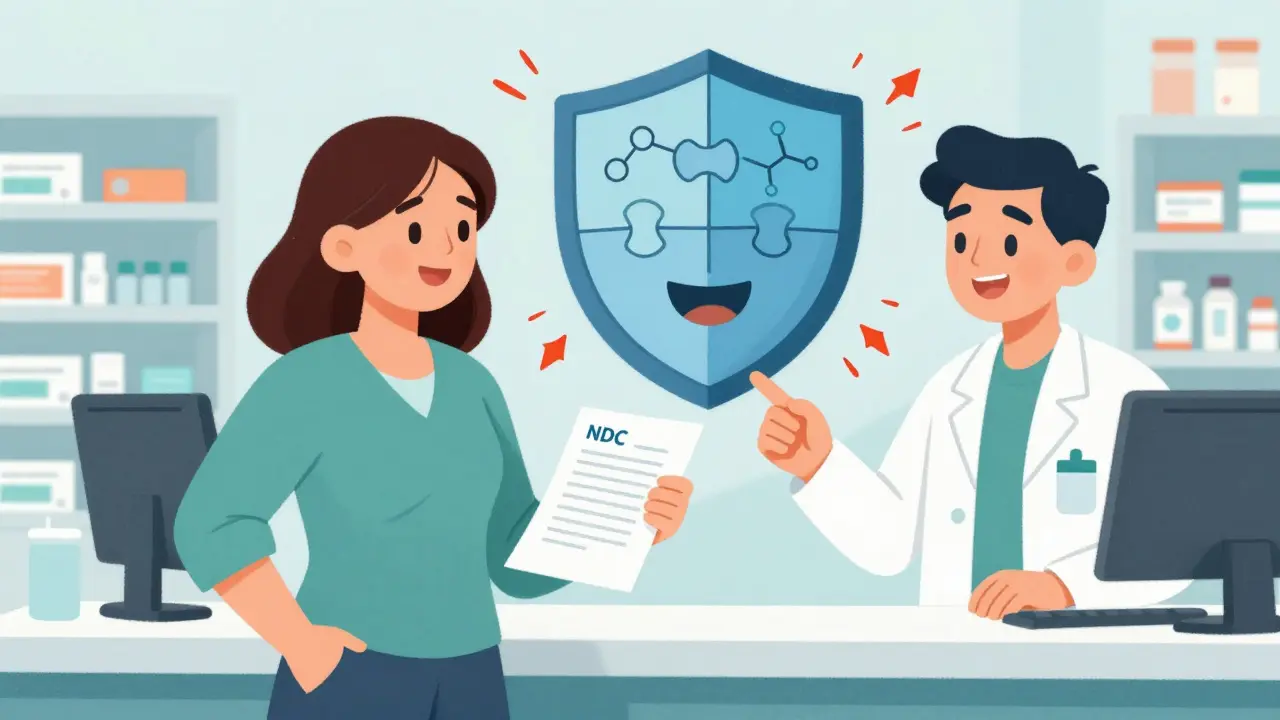 Patient consulting pharmacist about medication safety