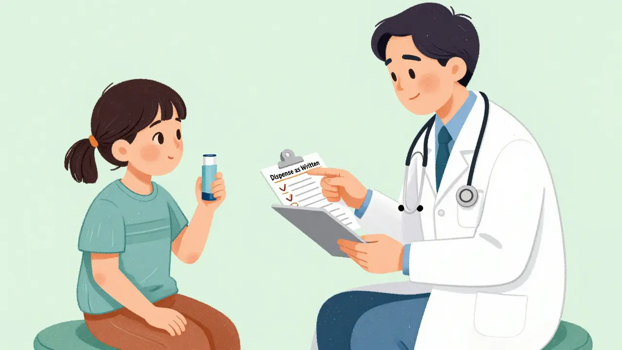 Pediatrician advising parents on dispensing instructions for a child's inhaler