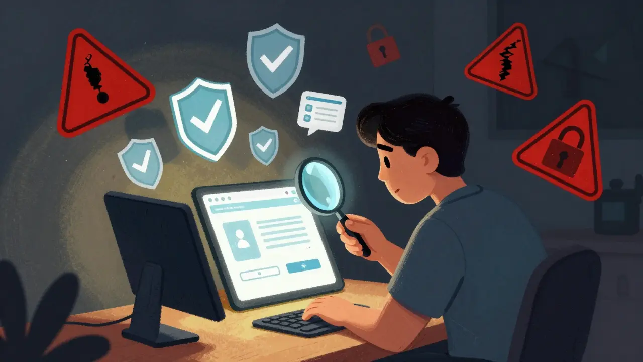 Person verifying a safe online pharmacy with a magnifying glass and shields