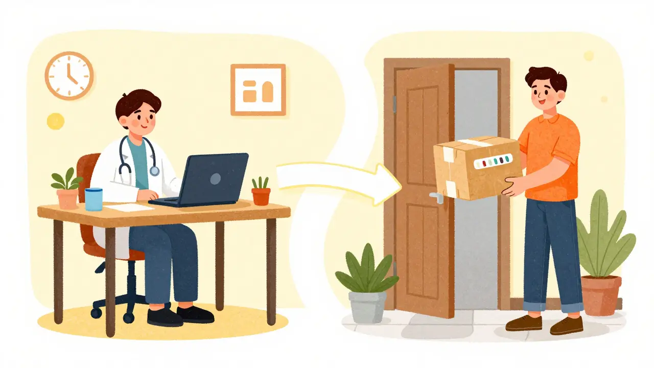 Telehealth consultation leading to convenient delivery of generic medication