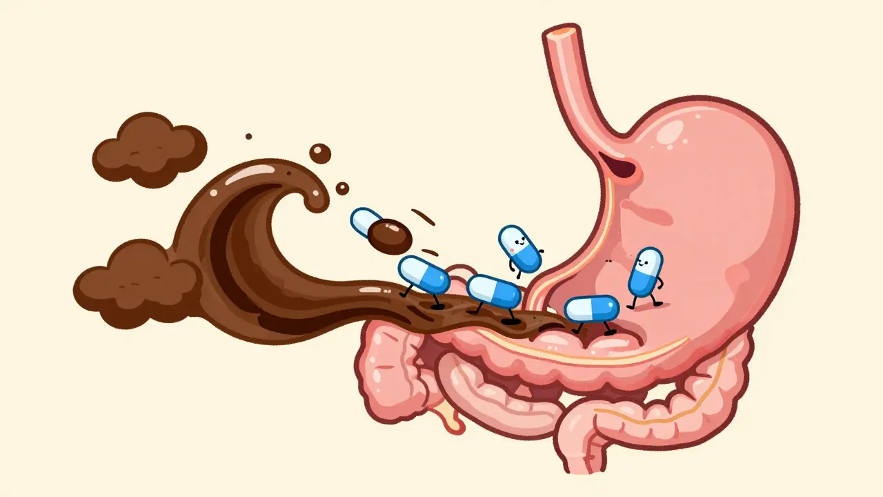 Cartoon stomach showing coffee blocking thyroid medication absorption.