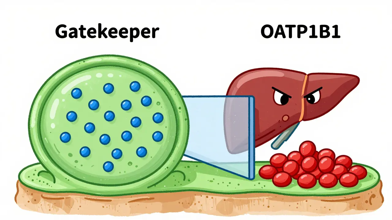 Diagram of liver cells showing blocked drug transport causing muscle toxicity.