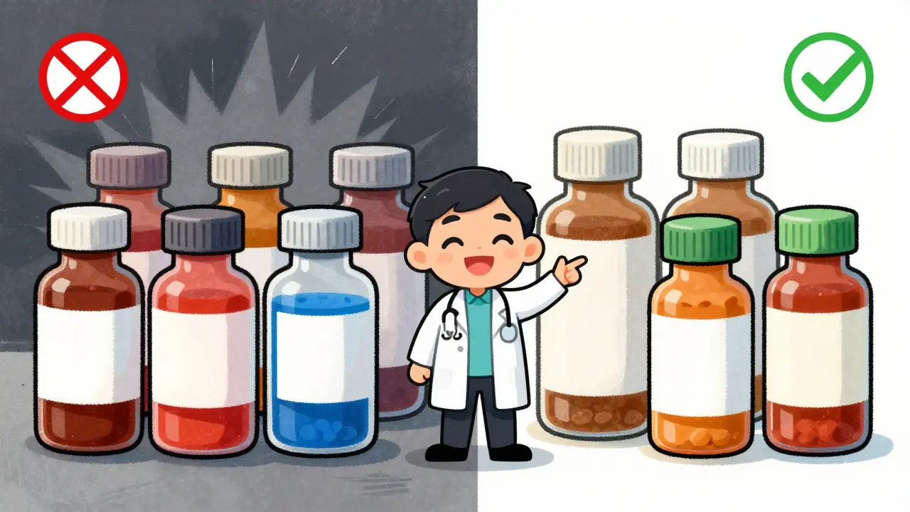 Doctor comparing dangerous and safe medications for G6PD deficiency patients.