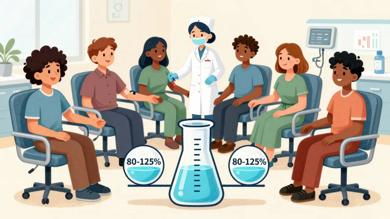 Healthy volunteers in clinical trial with balanced beaker symbol