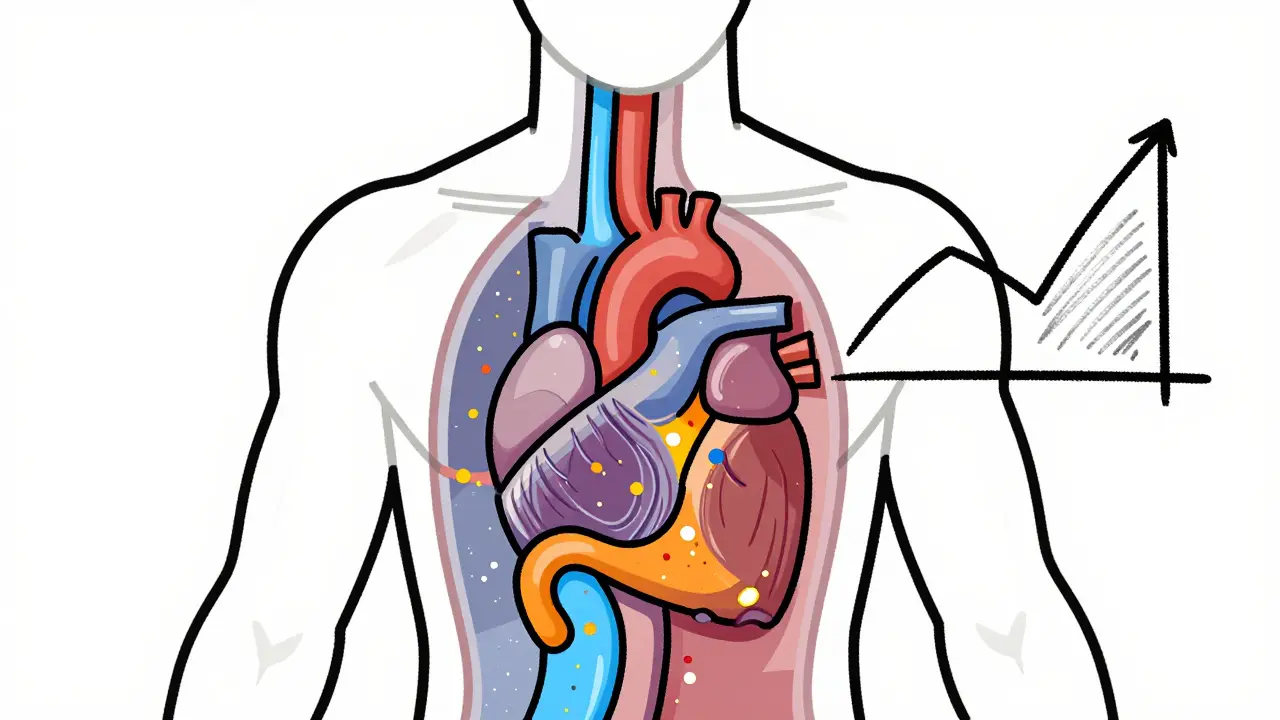 Illustration of drug absorption in body with merging particle streams