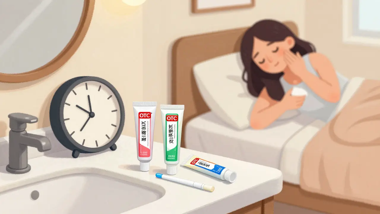 OTC antifungal treatments applied at bedtime for relief