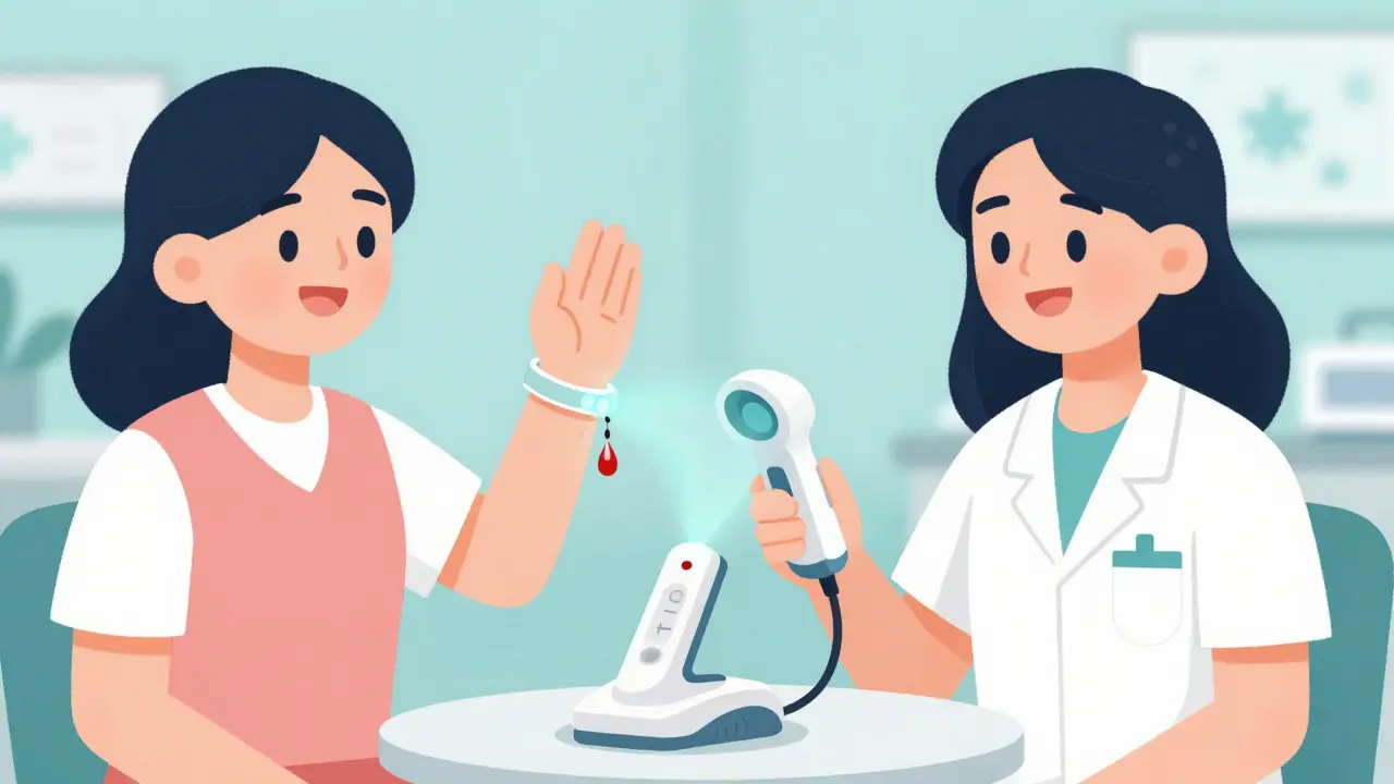 Patient with medical ID bracelet and rapid G6PD testing device in clinic.