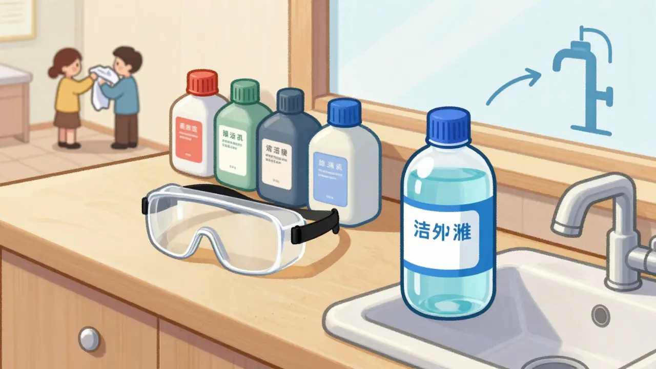 Safety goggles and saline bottle near chemicals