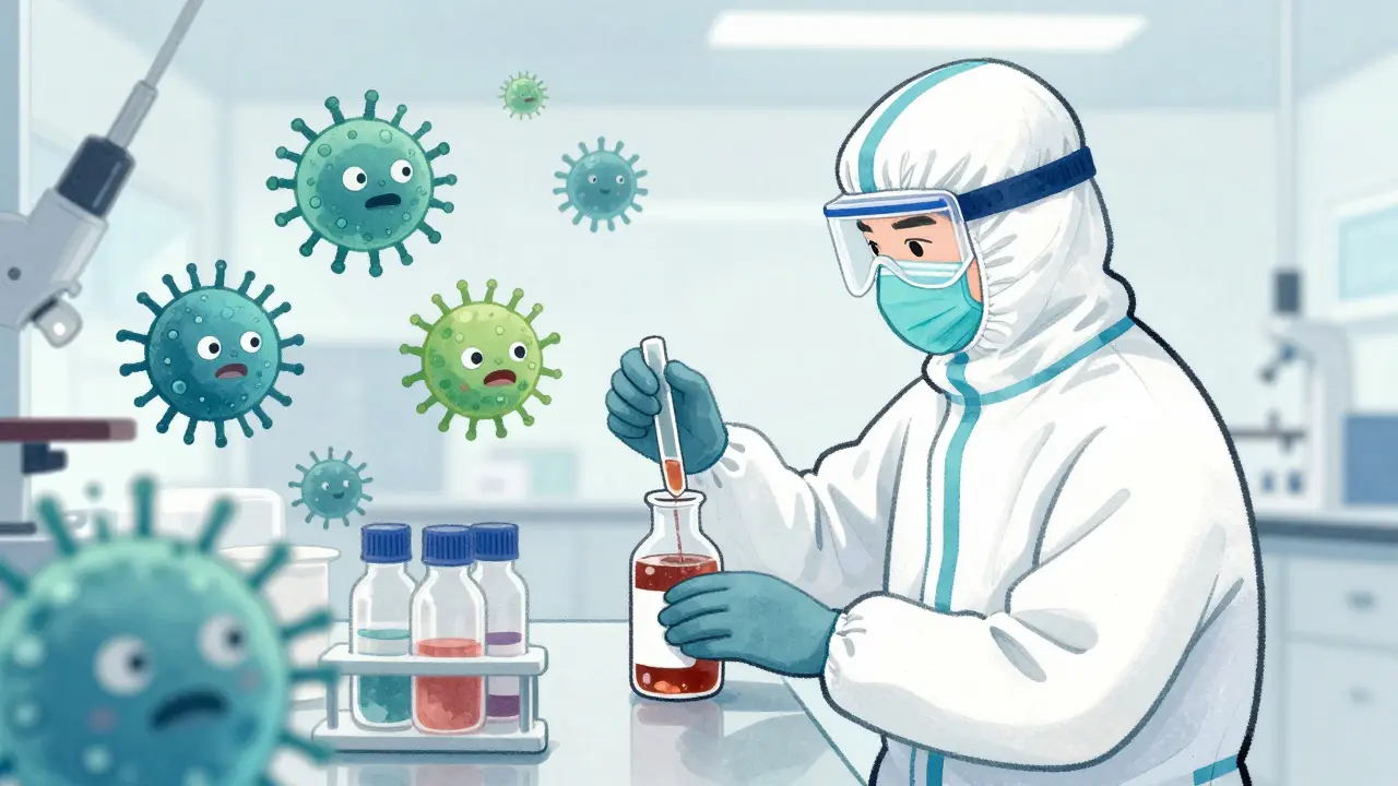 Scientist performing sterile media fill study while blocking cartoon bacteria.