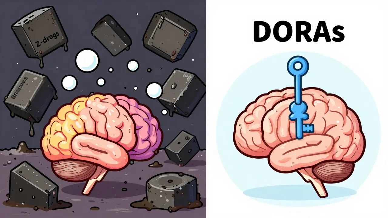 Split illustration showing chaotic drug effects vs. clean DORA mechanism on the brain.