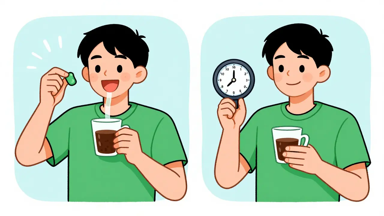 Split scene: taking liquid meds with coffee vs waiting an hour for coffee.
