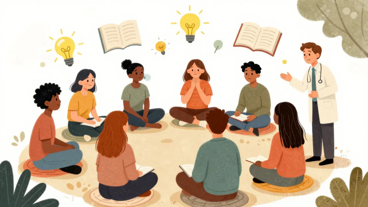 Warm illustration of people practicing CBT-I techniques like journaling and breathing in a circle.