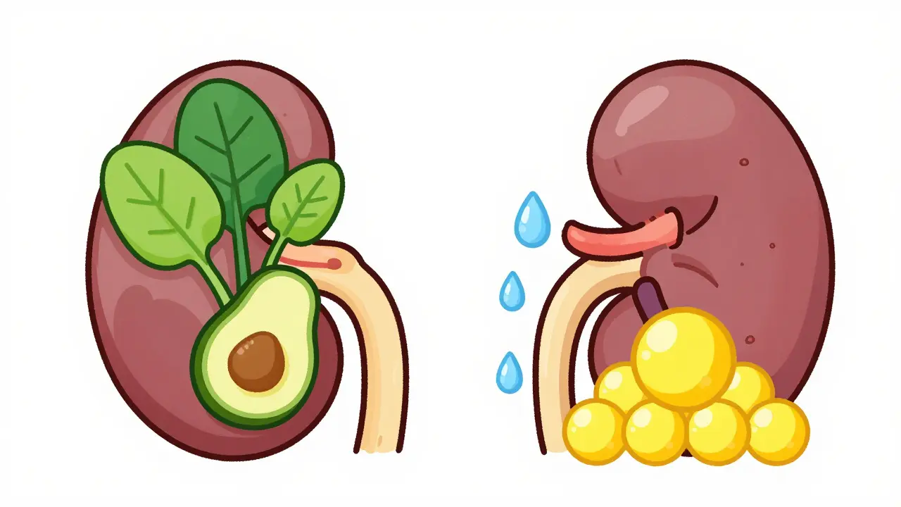 Cartoon kidneys filtering food, showing potassium buildup