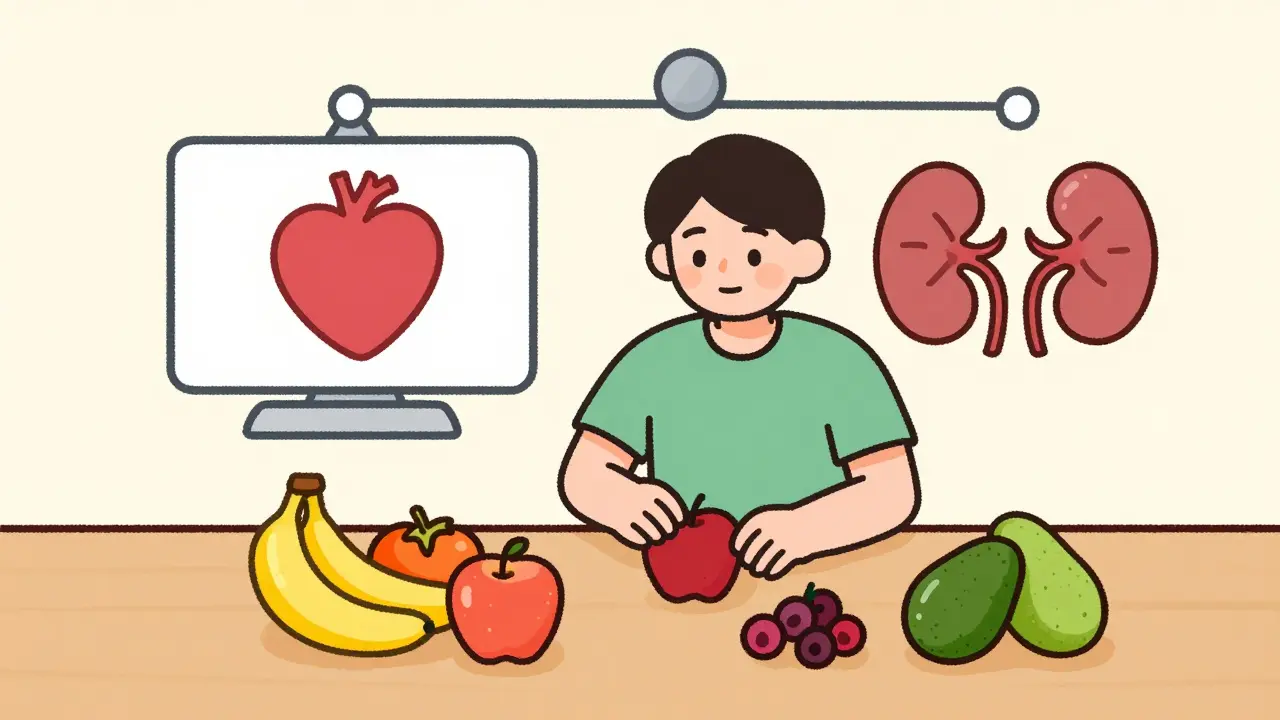 Character choosing low-potassium fruits for heart health