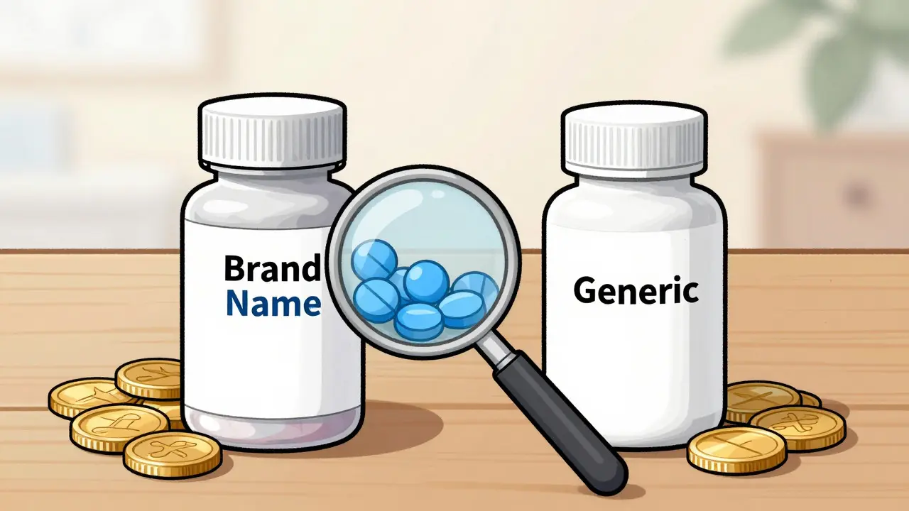 Comparison of brand name vs generic medication costs and pills