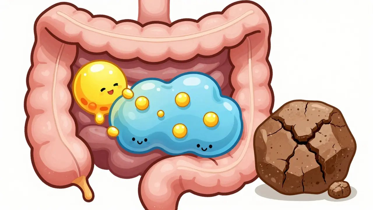 Diagram showing drug binding bile acids to form gel in intestines