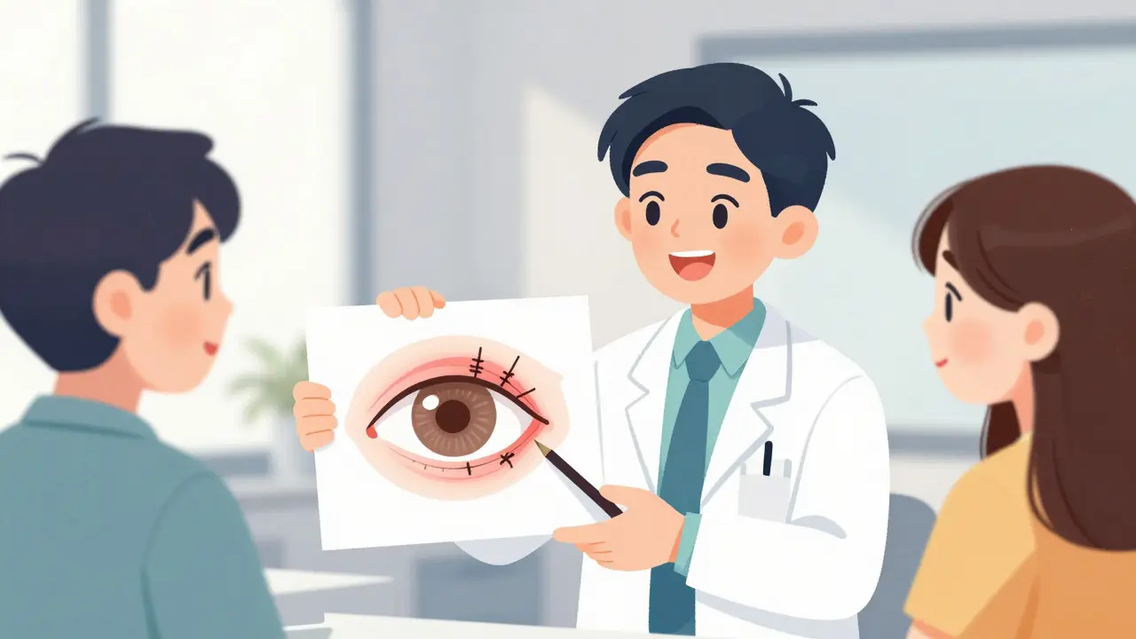 Doctor explaining eyelid surgery options to a hopeful patient.