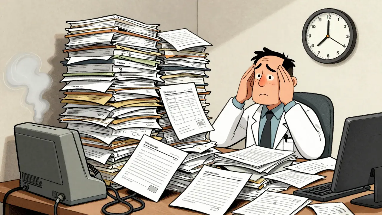 Doctor overwhelmed by piles of paper and fax machines
