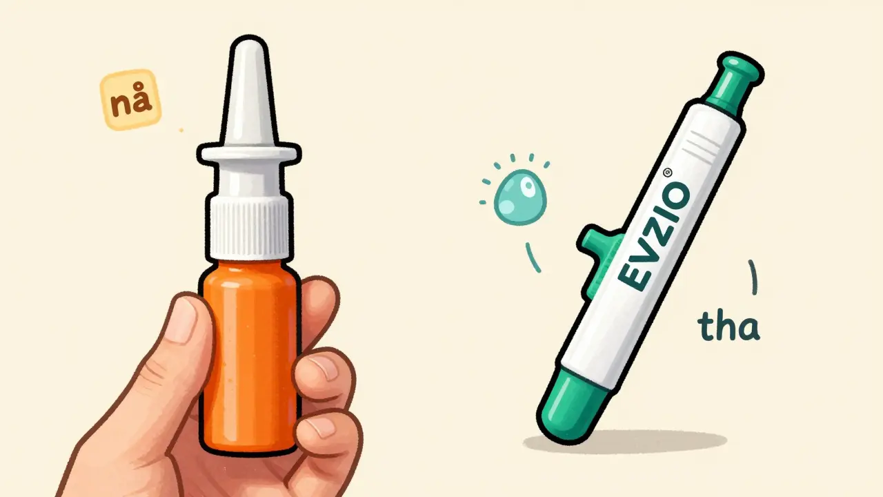 Hand-drawn cartoon comparing nasal spray and auto-injector naloxone devices.