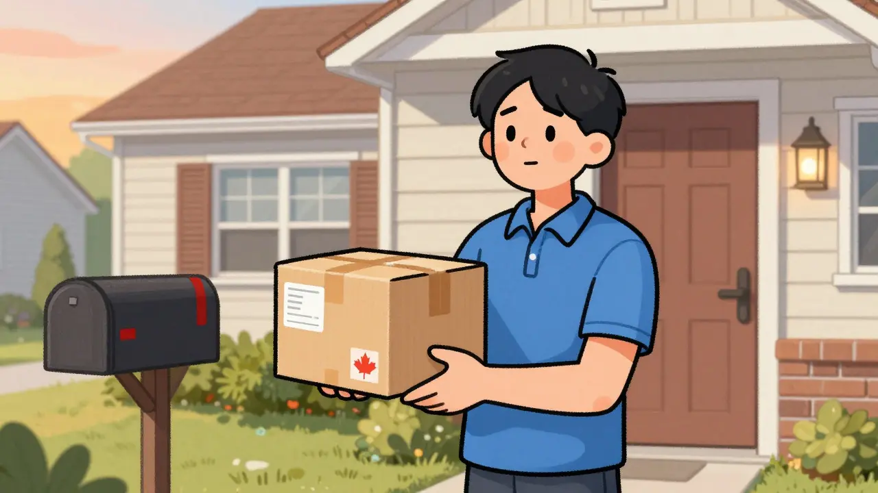 Happy customer receiving allergy medication package at home