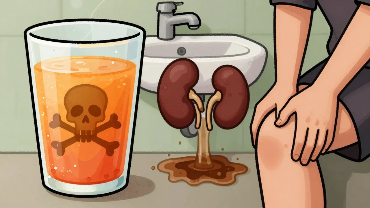 Illustration linking grapefruit juice to muscle pain and kidney damage symptoms
