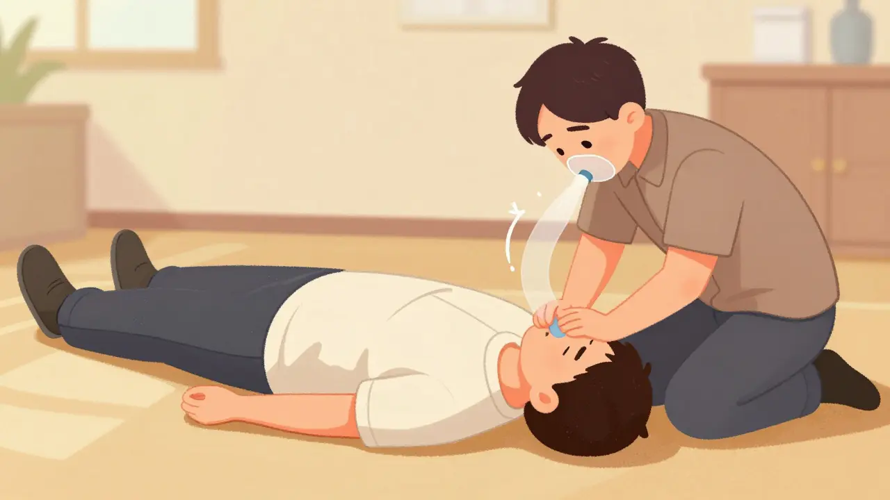 Illustration showing a victim in the recovery position during overdose response.
